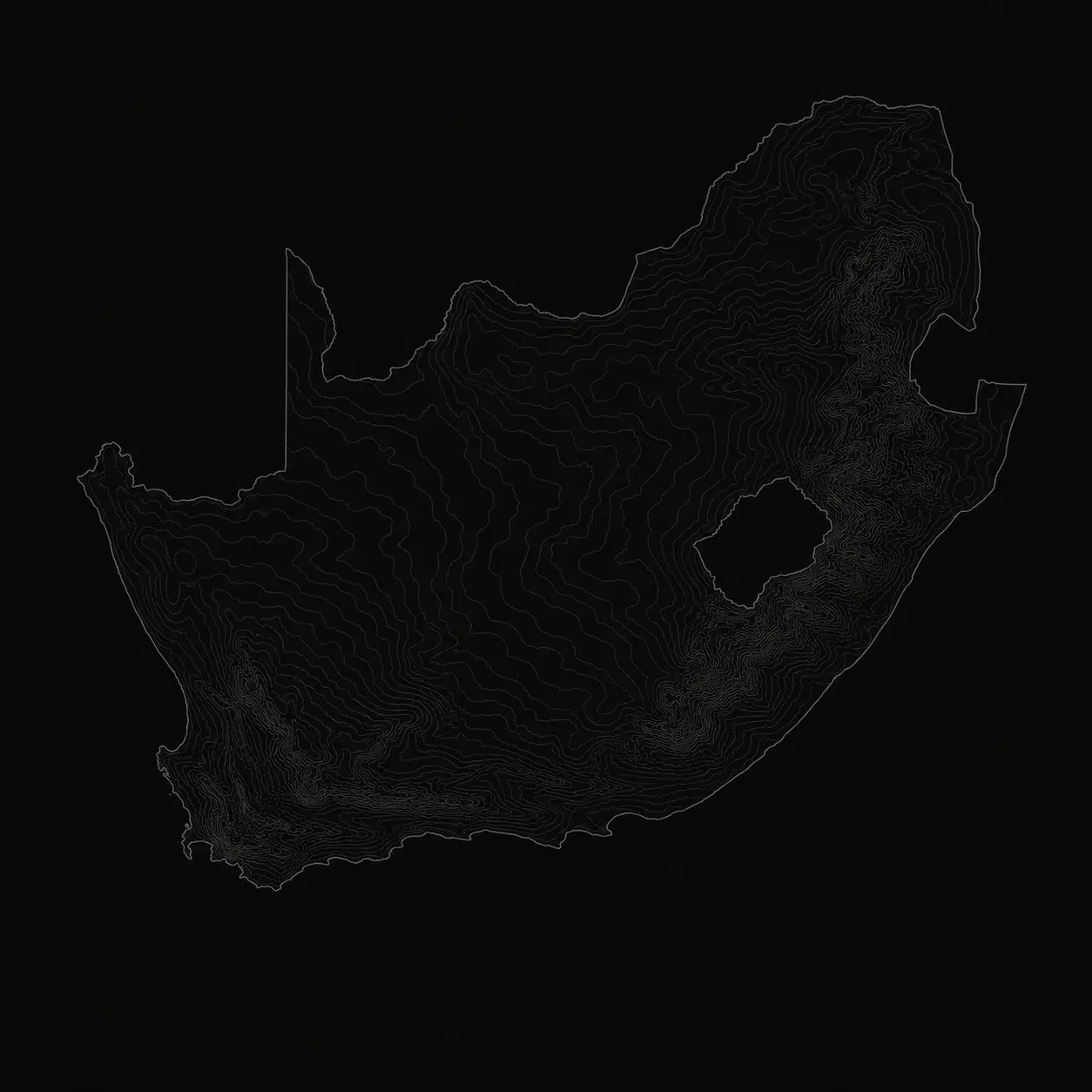 Map of South Africa rendered as topographic contour lines, marking Montana's three replication sites